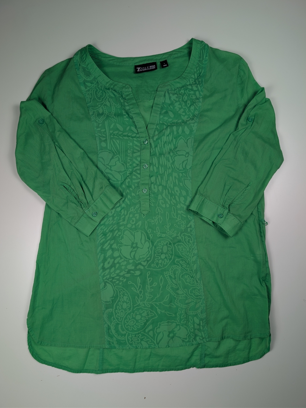 7th Avenue New York & Co Womens L Green Floral Paisley Tunic Blouse Roll Tab